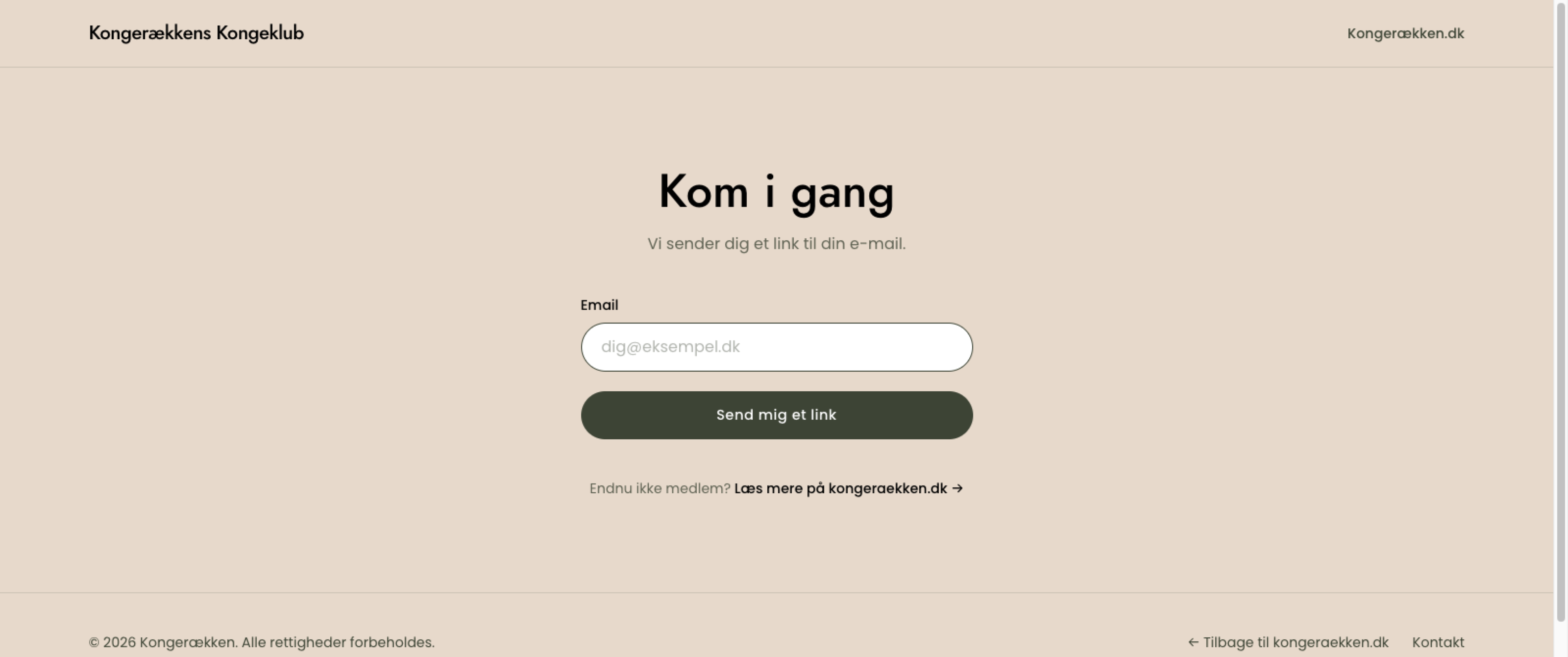 Kom i gang-siden med et felt til e-mail og knappen Send mig et link